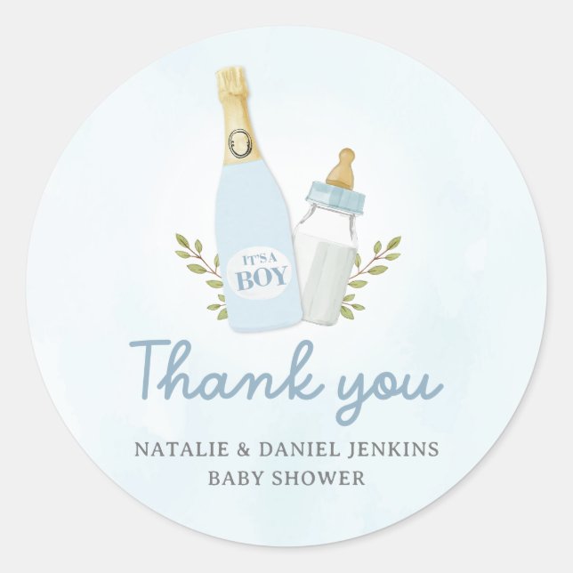 Poppin Bottles Boy Baby Shower Favor Classic Round Sticker (Front)