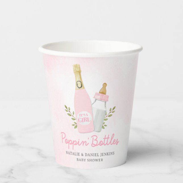 Poppin Bottles Girl Baby Shower Pink Paper Cups (Front)