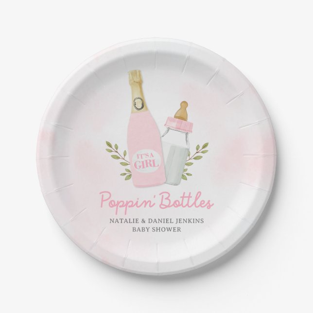 Poppin Bottles Girl Baby Shower Pink Paper Plates (Front)