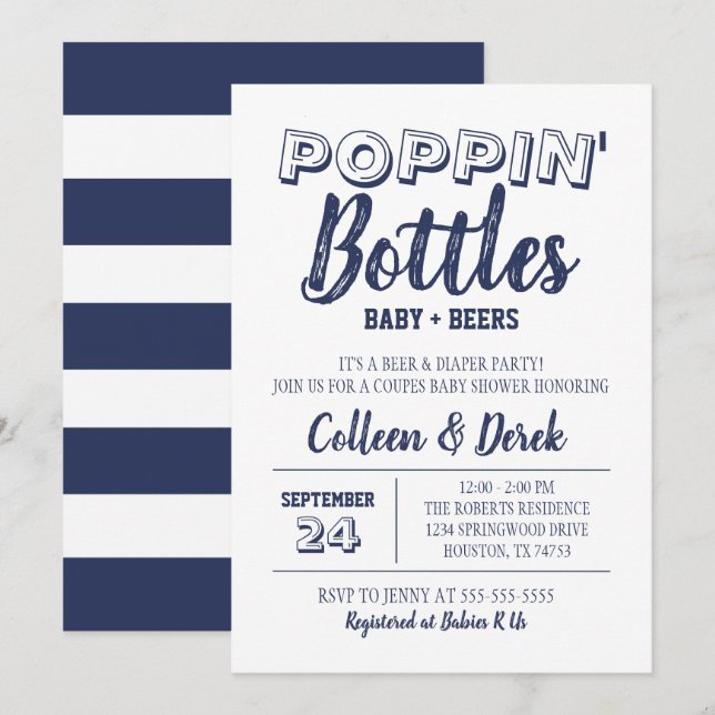 Poppin' Bottles Navy Blue Baby Shower Invitation  (Front/Back)