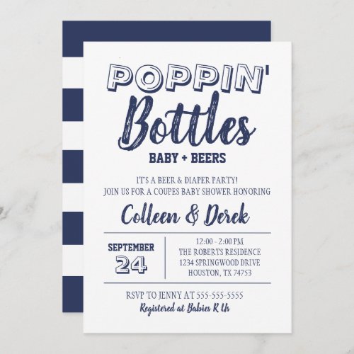 Poppin Bottles Navy Blue Baby Shower Invitation 