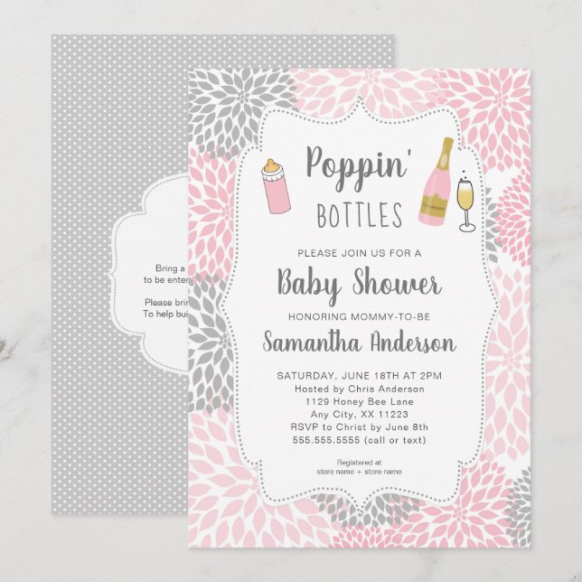 Poppin' Bottles Pink Gray Floral Baby Shower Invitation (Front/Back)
