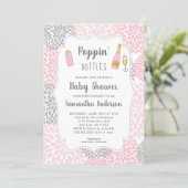 Poppin' Bottles Pink Gray Floral Baby Shower Invitation (Standing Front)