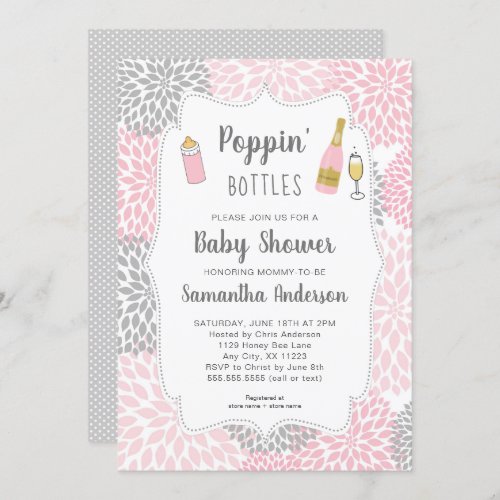 Poppin Bottles Pink Gray Floral Baby Shower Invitation