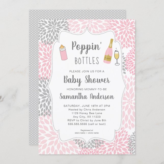 Poppin' Bottles Pink Gray Floral Baby Shower Invitation (Front/Back)