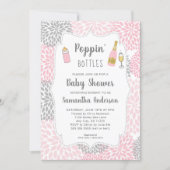 Poppin' Bottles Pink Gray Floral Baby Shower Invitation (Front)