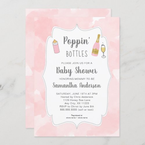 Poppin Bottles Pink Watercolor Baby Shower Invitation