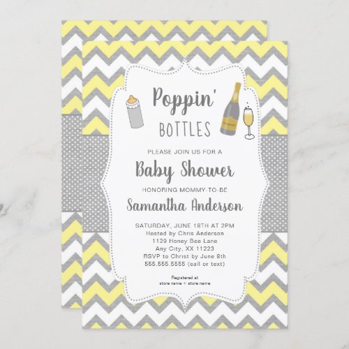 Poppin Bottles Yellow Gray Baby Shower Invitation