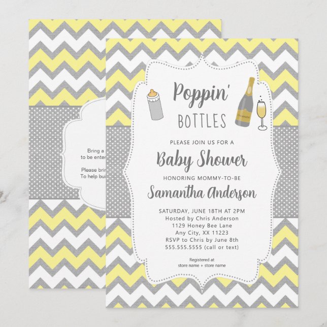 Poppin' Bottles Yellow Gray Baby Shower Invitation (Front/Back)