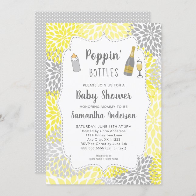 Poppin' Bottles Yellow Gray Floral Baby Shower Invitation (Front/Back)