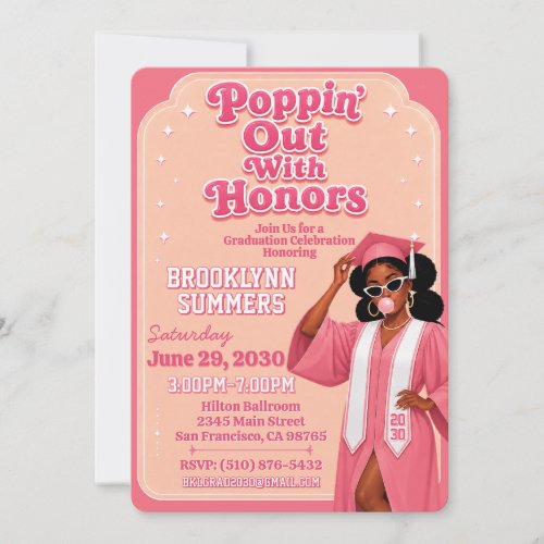 Poppin Out With Honors Black Girl Pink Graduation Invitation