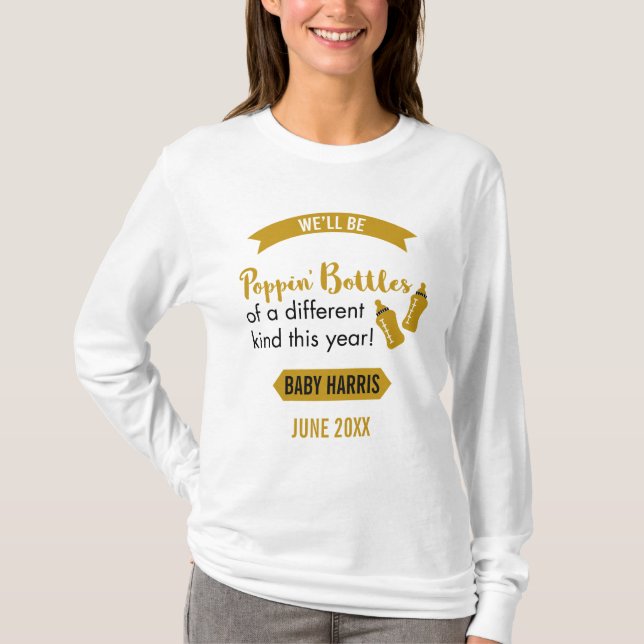 Popping Bottles Happy New Year Baby Announcement T-Shirt (Front)