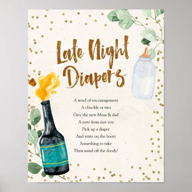 Popping Bottles Late Night Diapers Baby Shower Poster (Front)