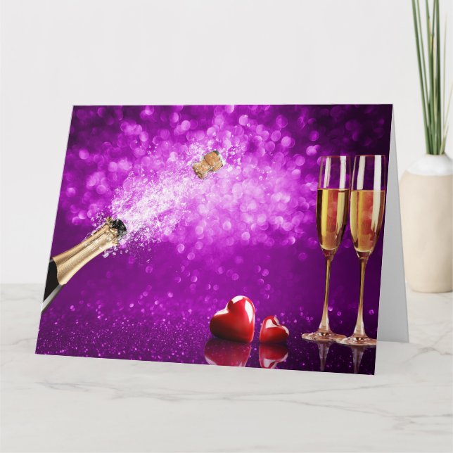 Popping Cork Champagne Bottle & Glasses Card (Front)
