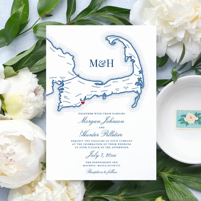 Popponesset Inn Cape Cod Map Elegant Wedding Invitation (Cape Cod Map Invitation with heart over Popponessett Inn - you can move the heart!)