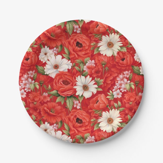 Poppy and chamomile red and white flowers paper plates (Front)