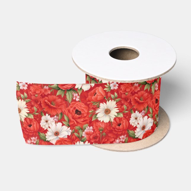Poppy and chamomile red and white flowers satin ribbon (Spool)