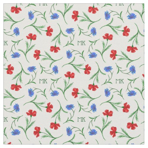 Poppy and Cornflower Light Floral Pattern Monogram Fabric