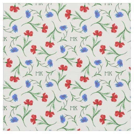 Poppy and Cornflower Light Floral Pattern Monogram Fabric