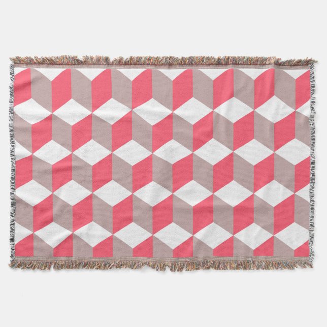 Poppy and Soft Grey Isometric Cube Pattern Throw Blanket (Front)