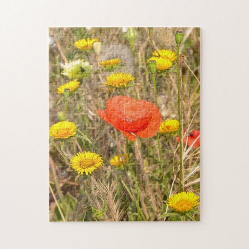 Poppy and yellow daisies postcard metal ornament T Jigsaw Puzzle