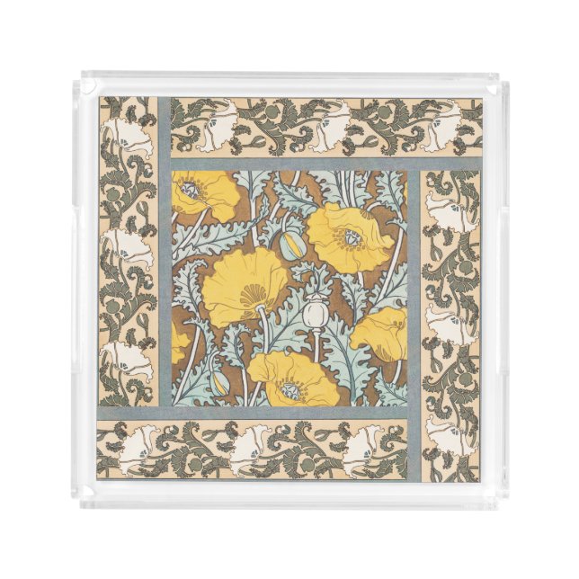 poppy art illustration yellow flower acrylic tray (Front)