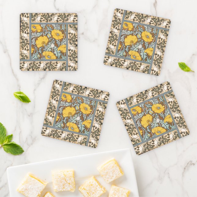 poppy art illustration yellow flower coaster set (In Situ)
