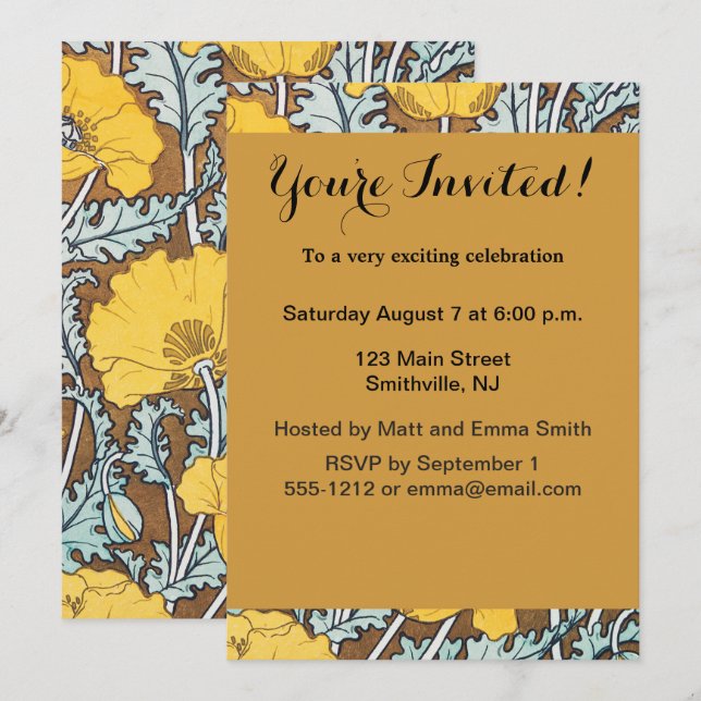 poppy art illustration yellow flower invitation (Front/Back)