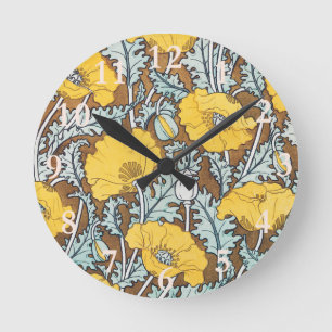 poppy art illustration yellow flower round clock