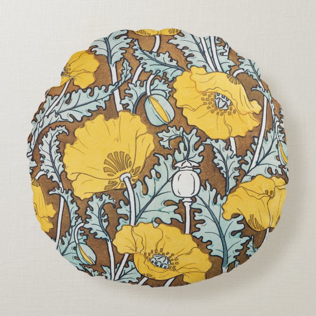 poppy art illustration yellow flower round pillow (Front)