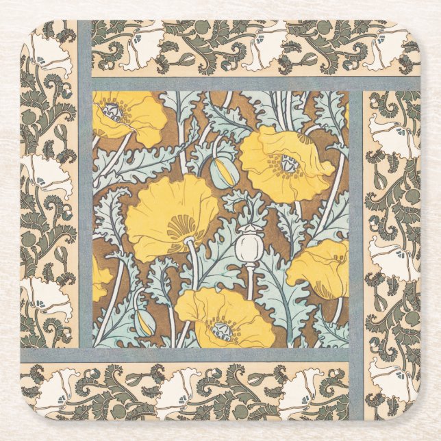 poppy art illustration yellow flower square paper coaster (Front)