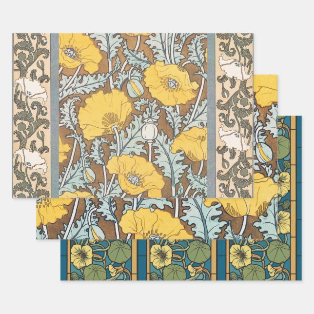 poppy art illustration yellow flower wrapping paper sheets (Set)