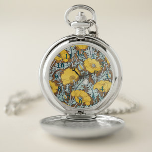 Poppy Art Nouveau Illustration Yellow Flower Pocket Watch