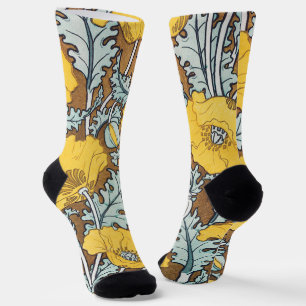 Poppy Art Nouveau Illustration Yellow Flower Socks