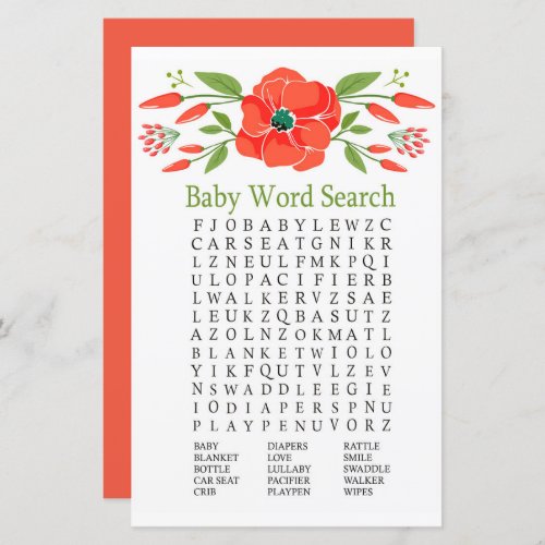 Poppy Baby Shower Word Search Game