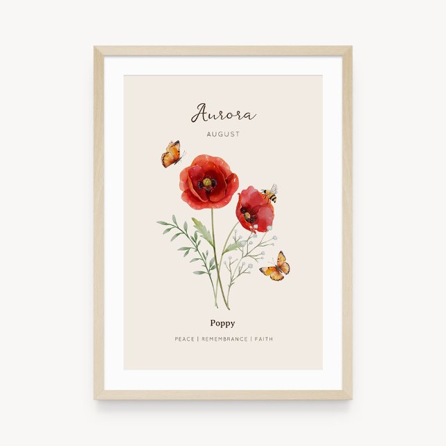 Poppy Birth Month Flower Poster (Example of poppy birth flower poster once framed. )