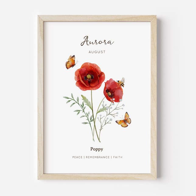 Poppy Birth Month Flower Poster (Example of poppy birth flower poster once framed. )