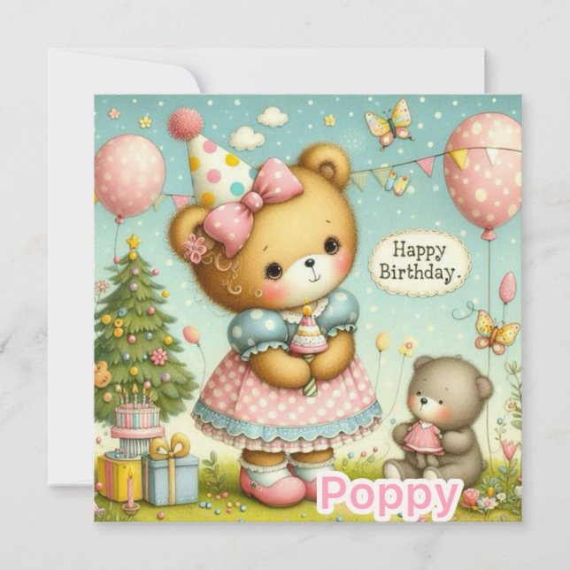 POPPY ~ Birthday Card ~ Teddy Bear ~ Flat Card (Front)