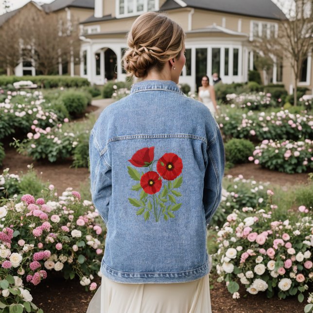 Poppy blooming joyful Summer Flowers Denim Jacket (Wedding Back)