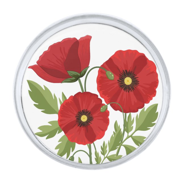 Poppy blooming joyful Summer Flowers Silver Finish Lapel Pin (Front)