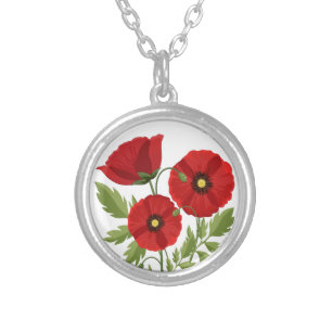 Poppy blooming joyful Summer Flowers Silver Plated Necklace