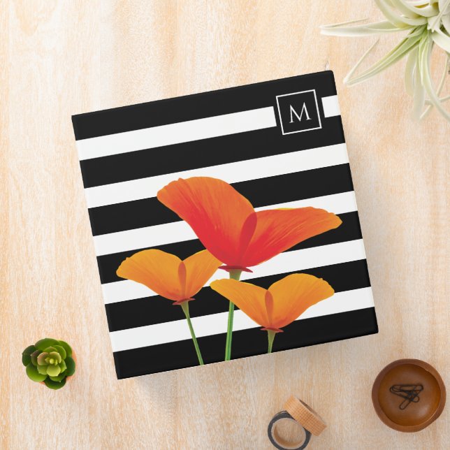 Poppy Chic Black Stripes Monogram 3 Ring Binder (In Situ)