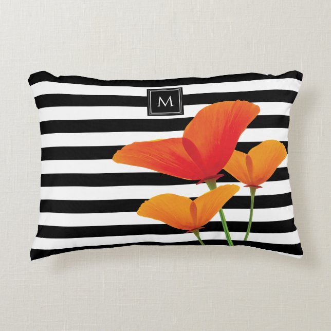 Poppy Chic Black Stripes Monogram Accent Pillow (Front)