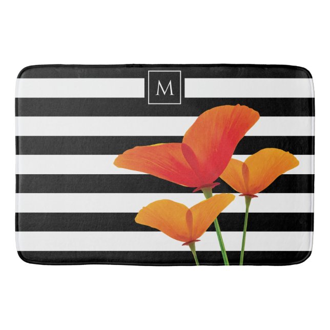 Poppy Chic Black Stripes Monogram Bath Mat (Front)