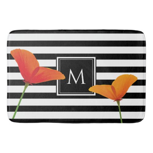 Poppy Chic Black Stripes Monogram Bath Mat