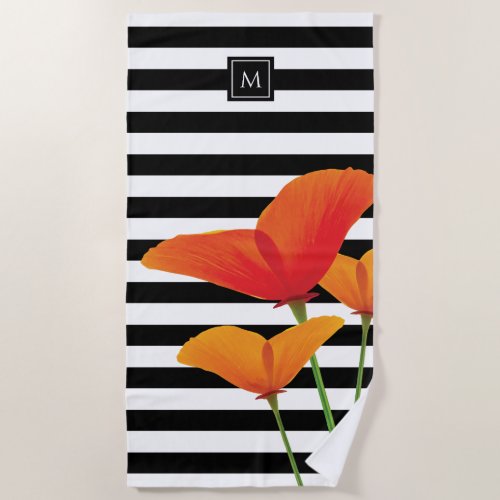 Poppy Chic Black Stripes Monogram Beach Towel