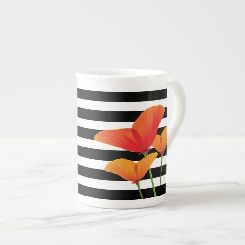 Poppy Chic Black Stripes Monogram Bone China Mug