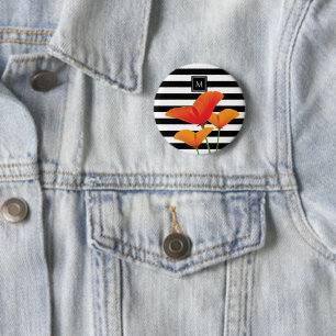 Poppy Chic Black Stripes Monogram Button