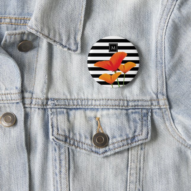 Poppy Chic Black Stripes Monogram Button (In Situ)