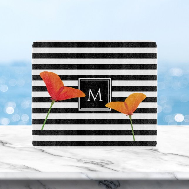 Poppy Chic Black Stripes Monogram Cutting Board (Creator Uploaded)